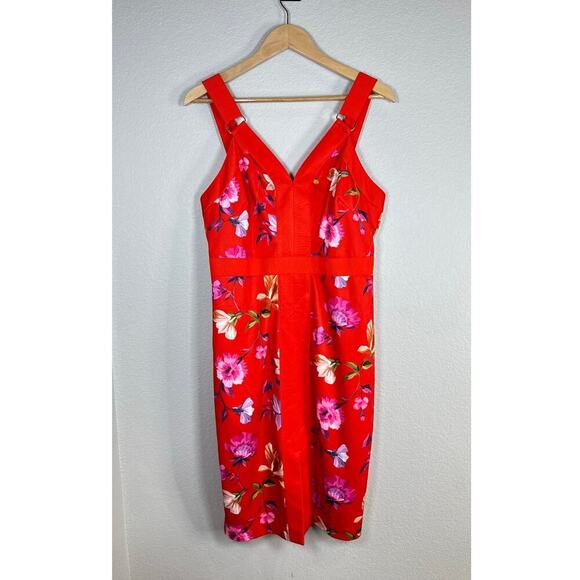 Ted Baker Elegant Red Floral Spring Summer‎ Front Slit Midi Dress Size 4 - Picture 3 of 10